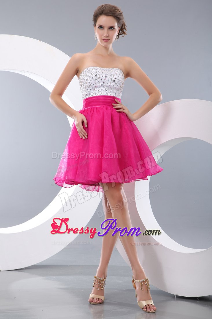 Hot Pink and White A-line Beading Short Prom / Homecoming Dress