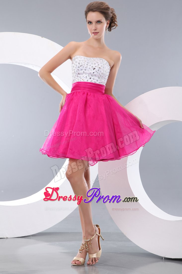 Hot Pink and White A-line Beading Short Prom / Homecoming Dress