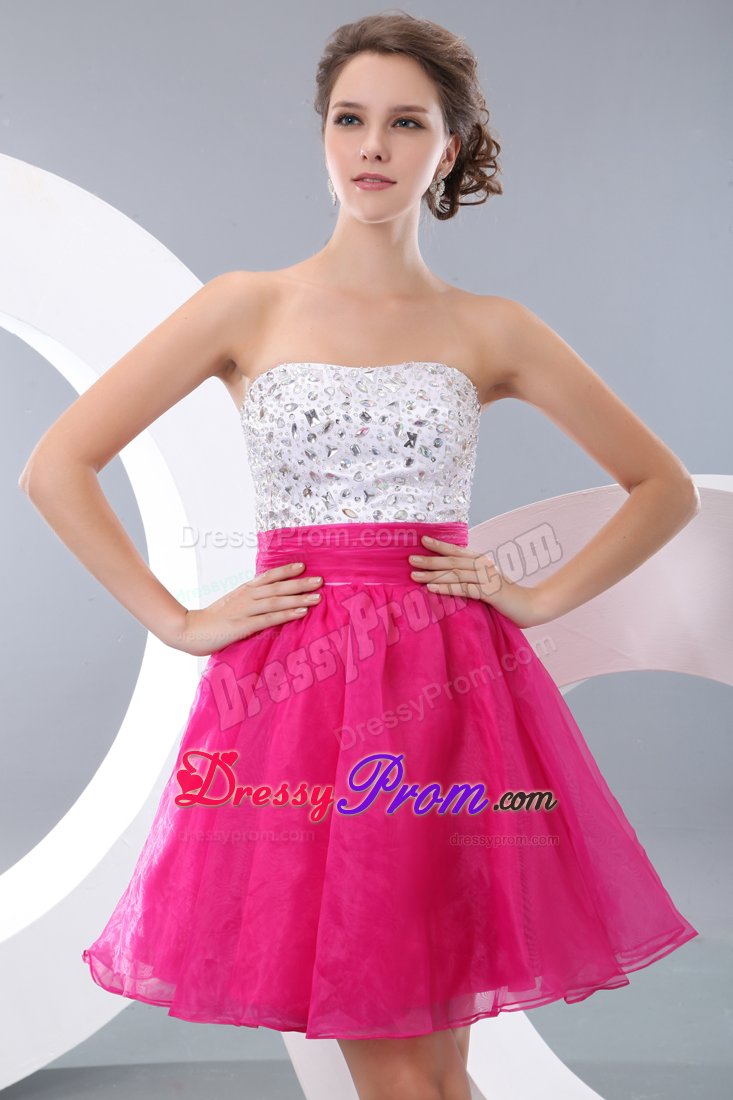 Hot Pink and White A-line Beading Short Prom / Homecoming Dress