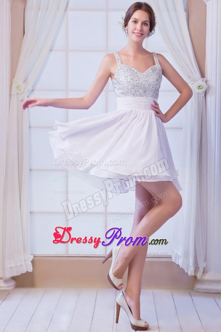 Beading Straps and Bodice Mini Chiffon Prom Cocktail Dress in White
