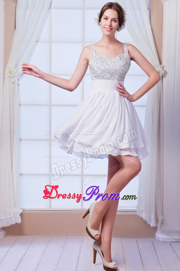Beading Straps and Bodice Mini Chiffon Prom Cocktail Dress in White
