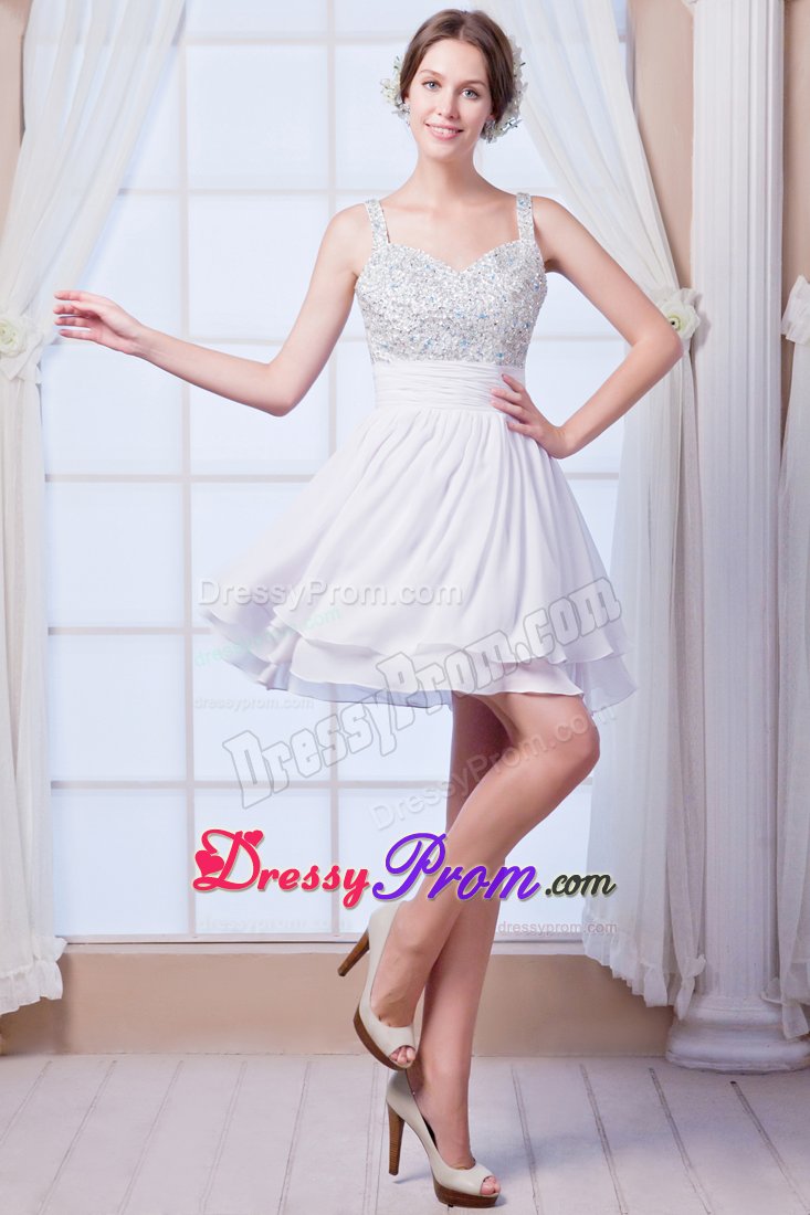 Beading Straps and Bodice Mini Chiffon Prom Cocktail Dress in White
