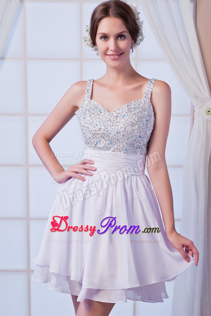 Beading Straps and Bodice Mini Chiffon Prom Cocktail Dress in White