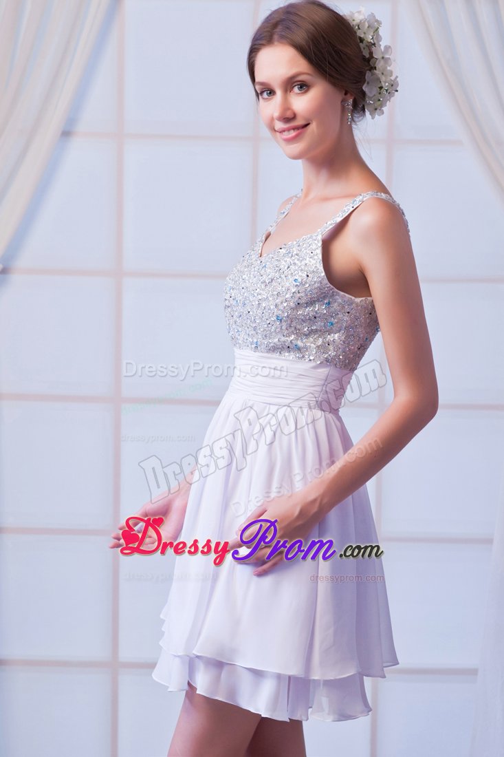 Beading Straps and Bodice Mini Chiffon Prom Cocktail Dress in White
