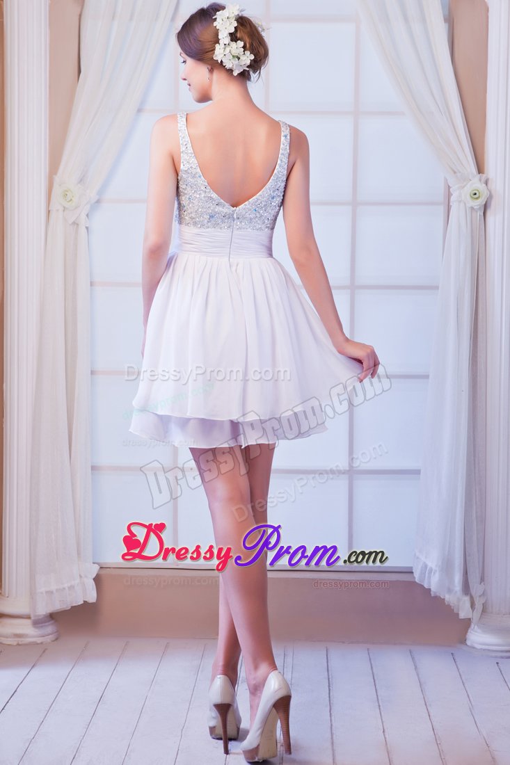 Beading Straps and Bodice Mini Chiffon Prom Cocktail Dress in White