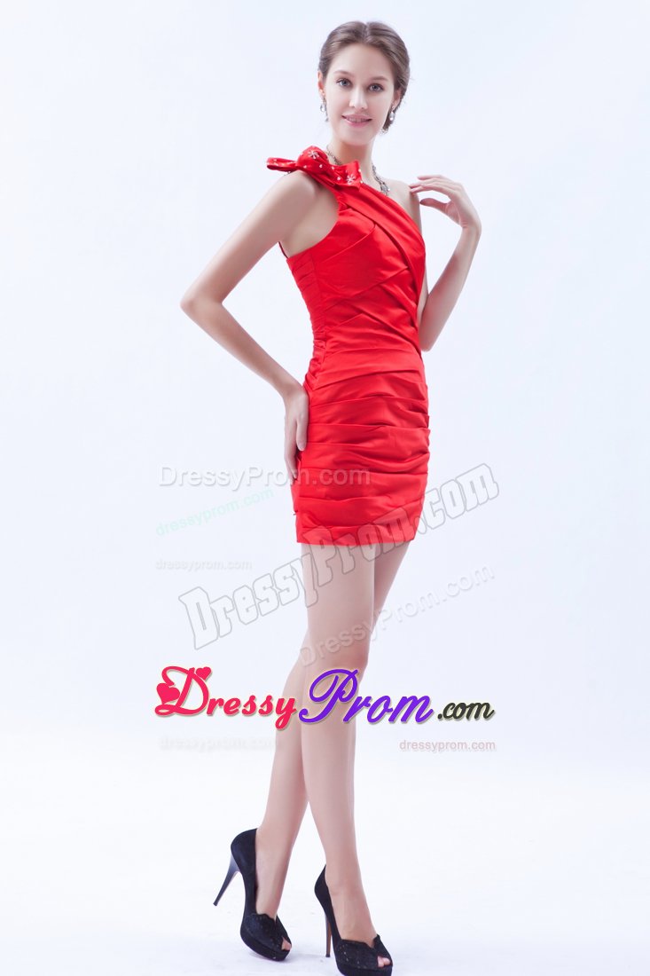 Plus Size One Shoulder Ruched Red Prom Dresses with Bowknot