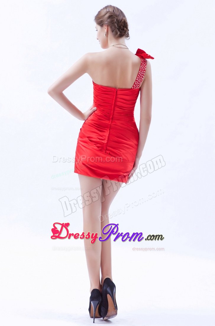 Plus Size One Shoulder Ruched Red Prom Dresses with Bowknot