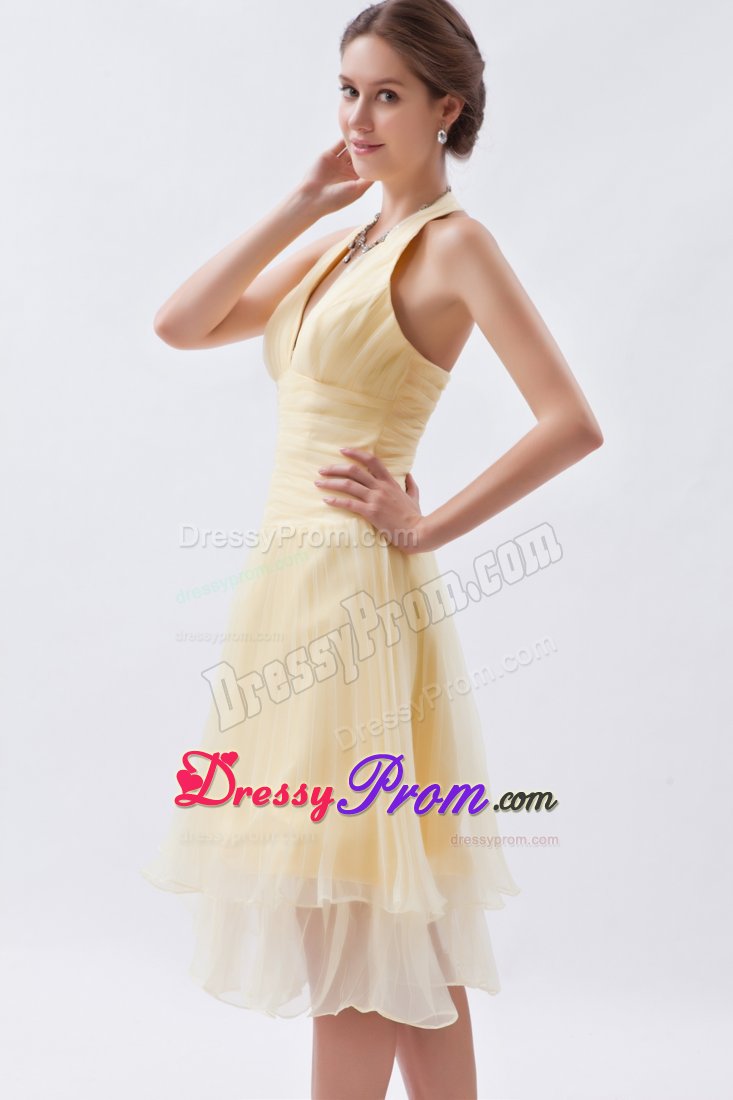Gold A-line Halter Ruching Prom Dress with Knee-length in Durham