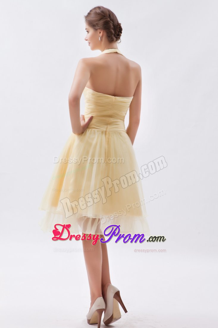 Gold A-line Halter Ruching Prom Dress with Knee-length in Durham