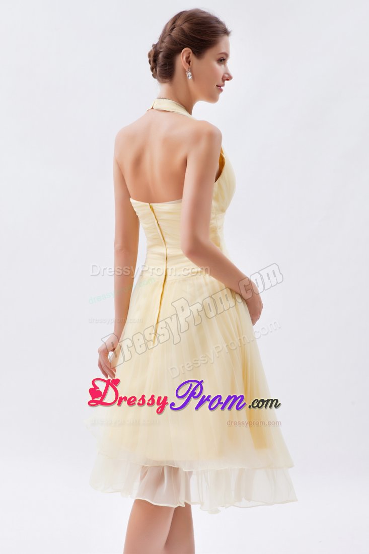 Gold A-line Halter Ruching Prom Dress with Knee-length in Durham