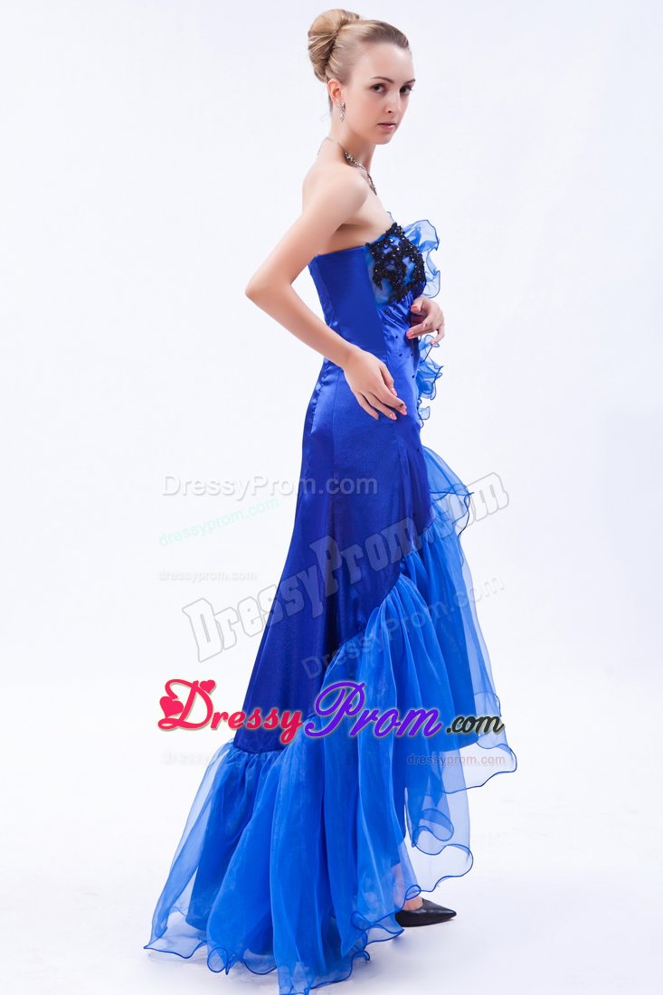 Royal Blue Mermaid High-low Prom Dress with Black Appliques