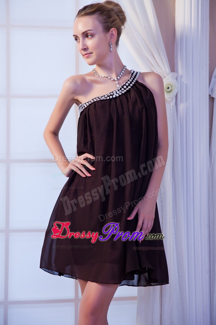 Beading One Shoulder Mini Brown Cocktail Dress with Empire in NE