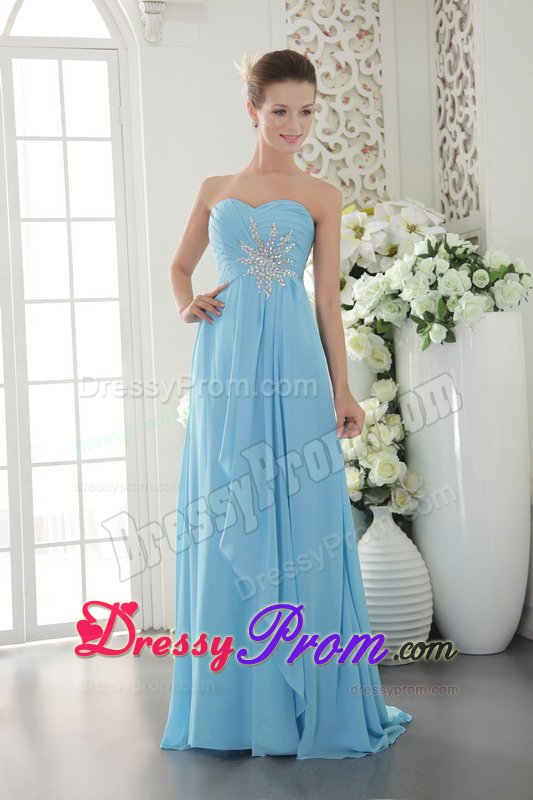Brush Train Sweetheart Beaded Aqua Blue Dress for Prom Queen