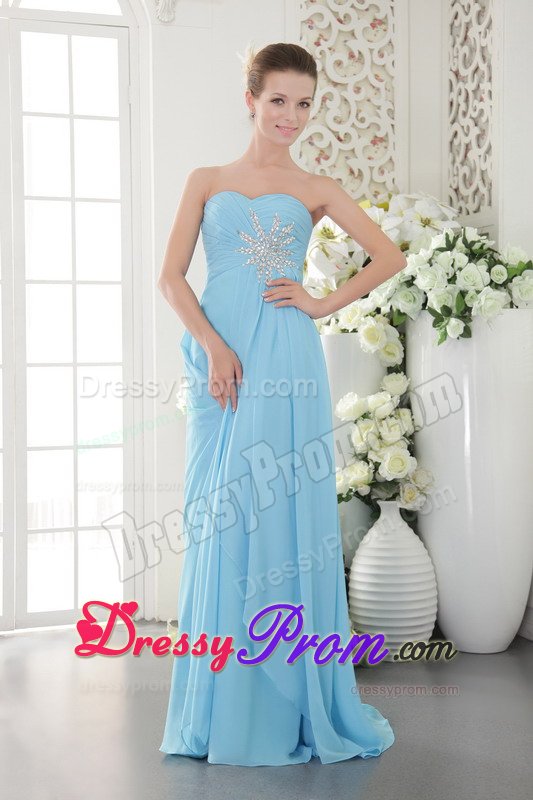 Brush Train Sweetheart Beaded Aqua Blue Dress for Prom Queen