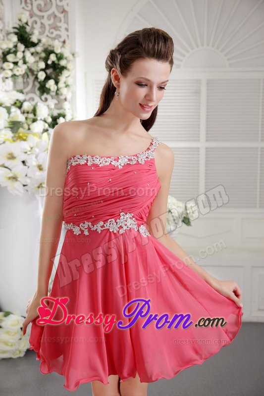 Coral Red One Shoulder Short Appliques and Ruching Prom Dress