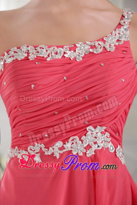 Coral Red One Shoulder Short Appliques and Ruching Prom Dress