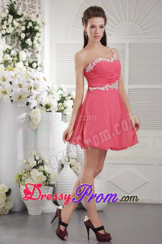 Coral Red One Shoulder Short Appliques and Ruching Prom Dress