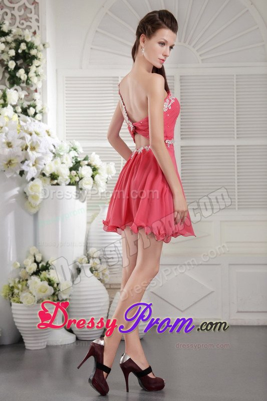 Coral Red One Shoulder Short Appliques and Ruching Prom Dress
