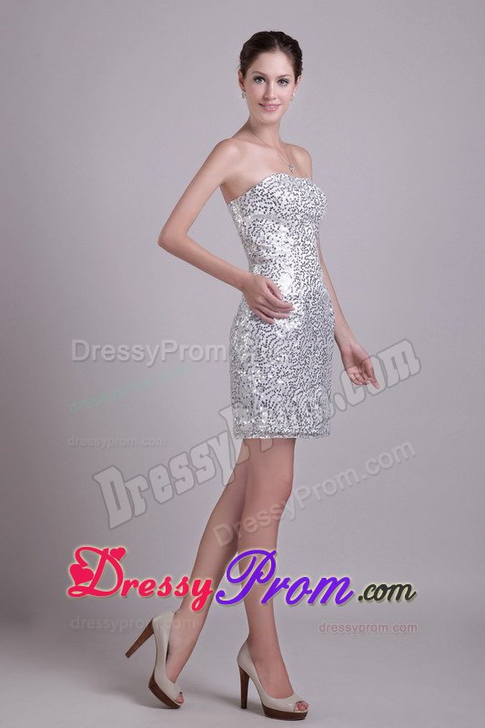 Custom Made Column Sequin Short Silver Prom Nightclub Dress