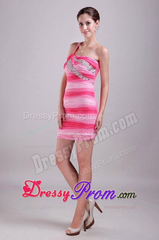 Unique Two-Toned One Shoulder Ruched Beaded Prom Dress