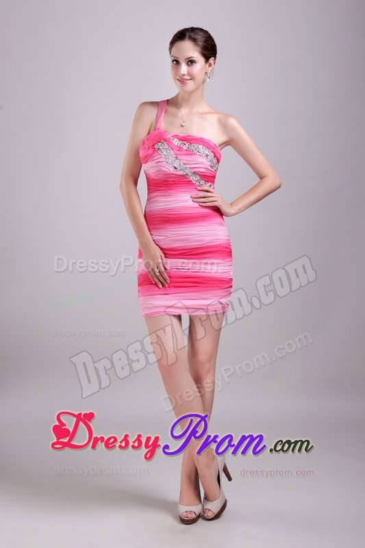 Unique Two-Toned One Shoulder Ruched Beaded Prom Dress