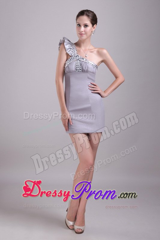 New Style One-Shoulder Mini Grey Prom Dress with Rhinestones