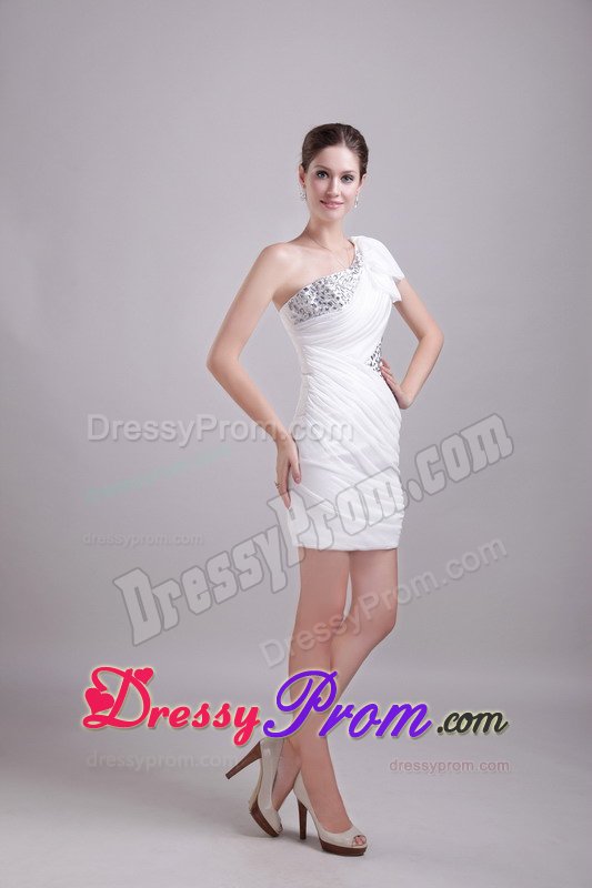 Perfect One Shoulder Ruched White Prom Dress with Rhinestones