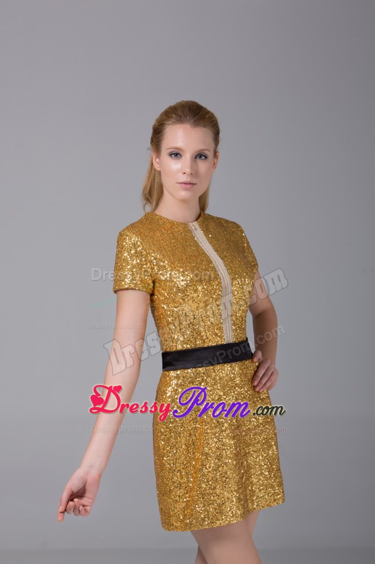 Short Sleeve Bateau Neck Sequin Mini Prom Nightclub Dress in Gold