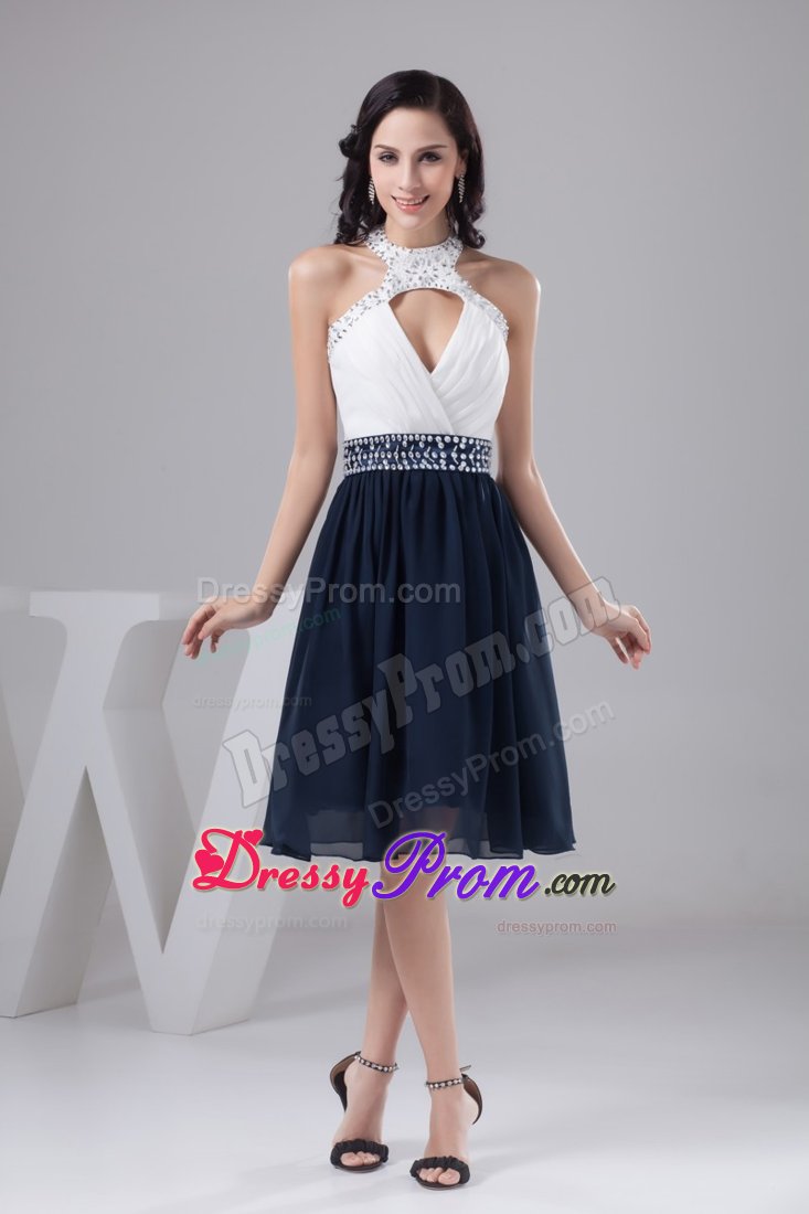 White and Navy Blue Halter Prom Cocktail Dress with Sector Front