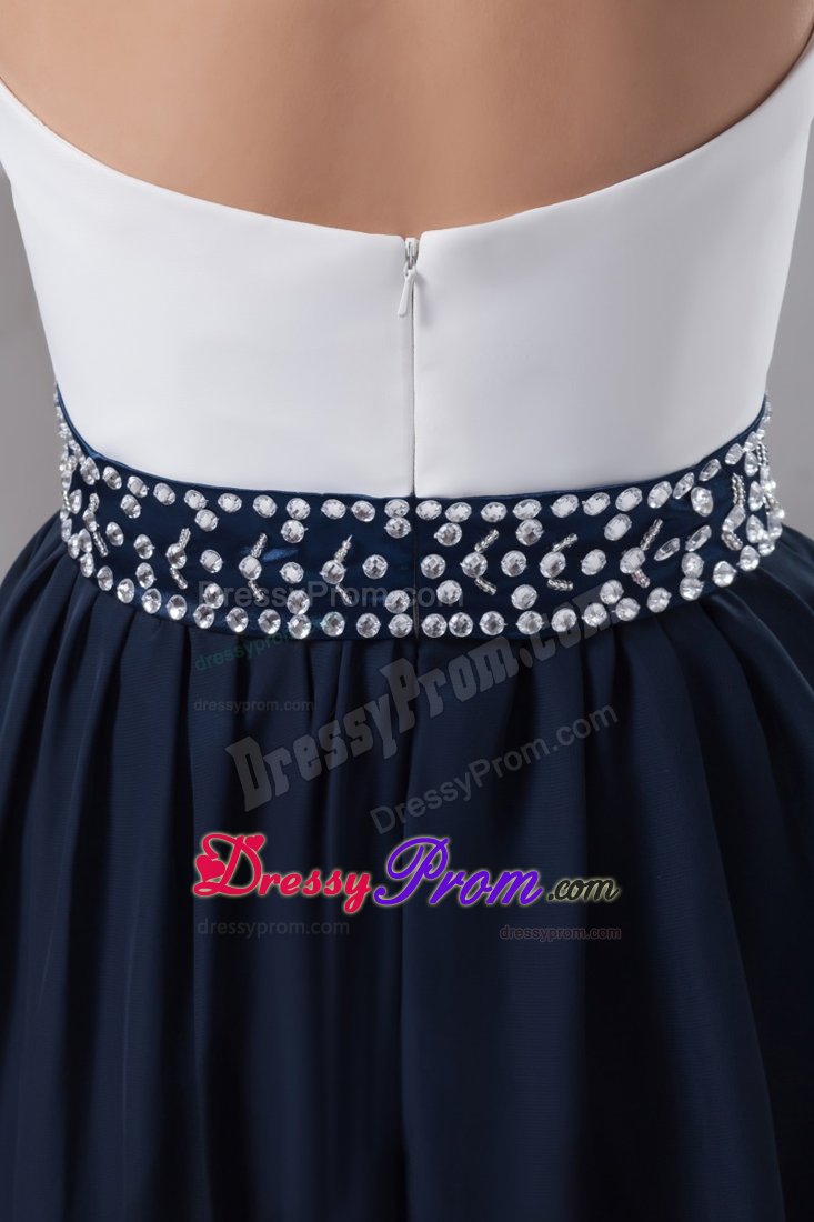 White and Navy Blue Halter Prom Cocktail Dress with Sector Front