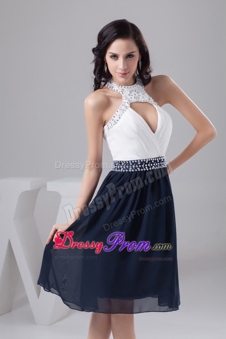 White and Navy Blue Halter Prom Cocktail Dress with Sector Front