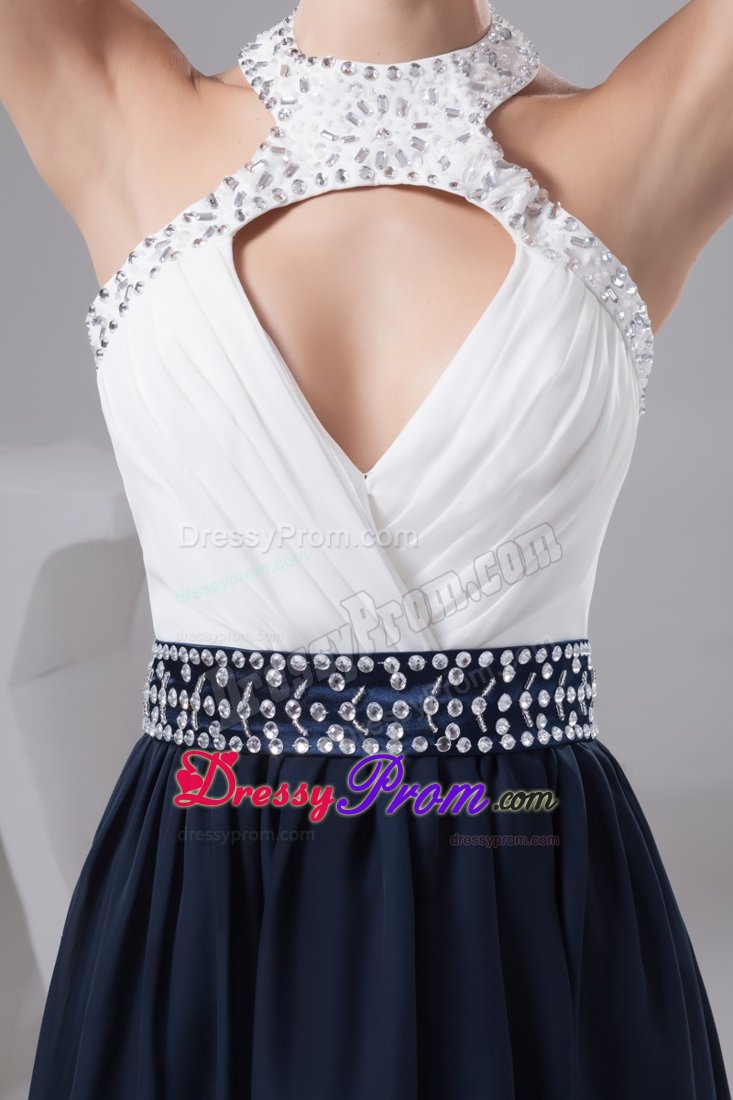 White and Navy Blue Halter Prom Cocktail Dress with Sector Front
