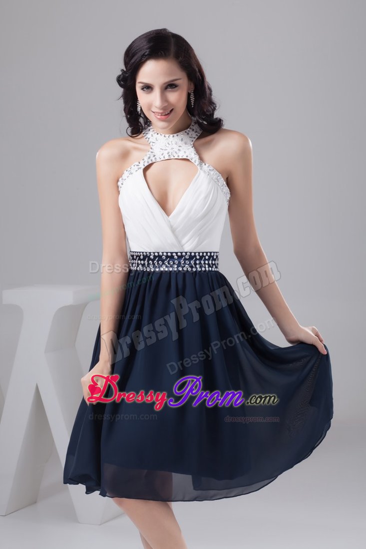 White and Navy Blue Halter Prom Cocktail Dress with Sector Front