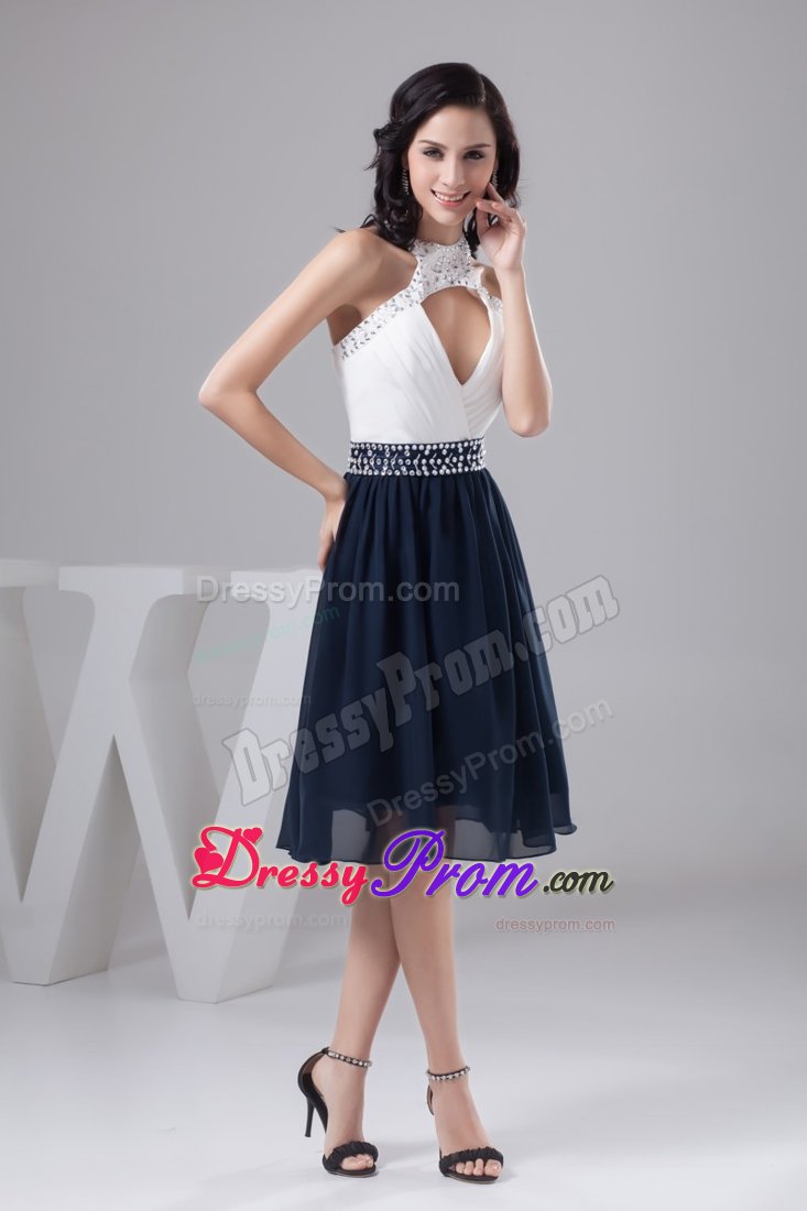 White and Navy Blue Halter Prom Cocktail Dress with Sector Front