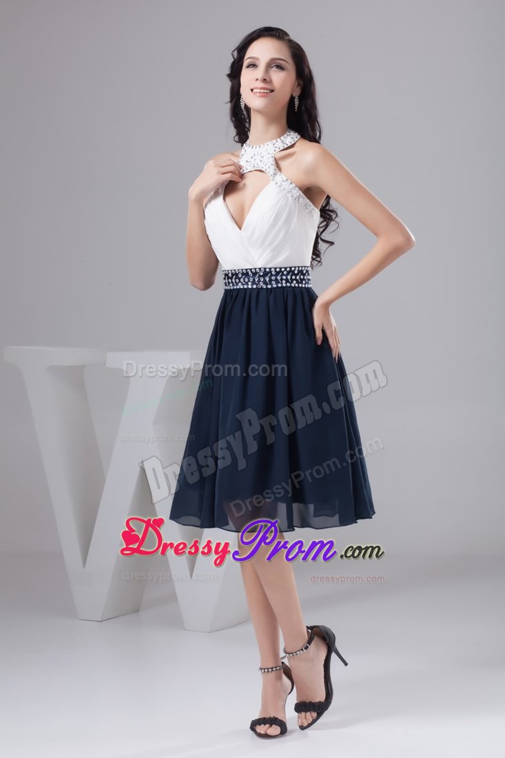 White and Navy Blue Halter Prom Cocktail Dress with Sector Front