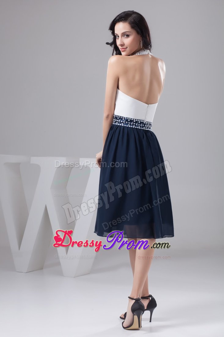 White and Navy Blue Halter Prom Cocktail Dress with Sector Front
