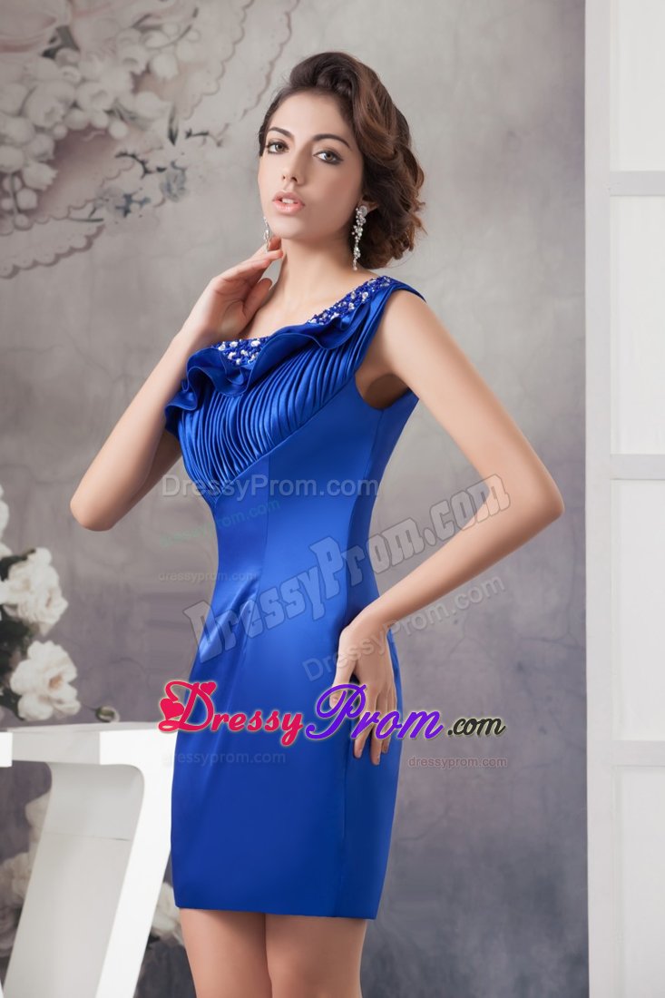 Ruched and Beaded Blue Prom Celebrity Dress with One Shoulder