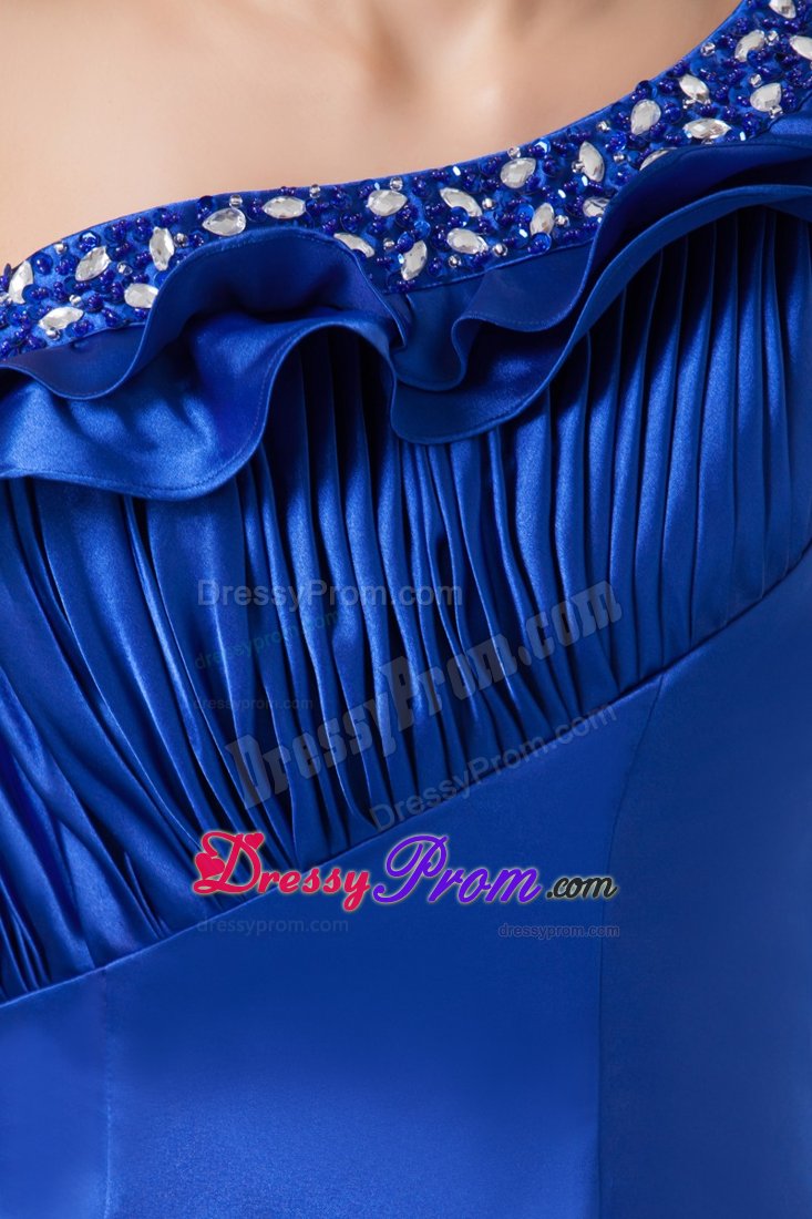 Ruched and Beaded Blue Prom Celebrity Dress with One Shoulder