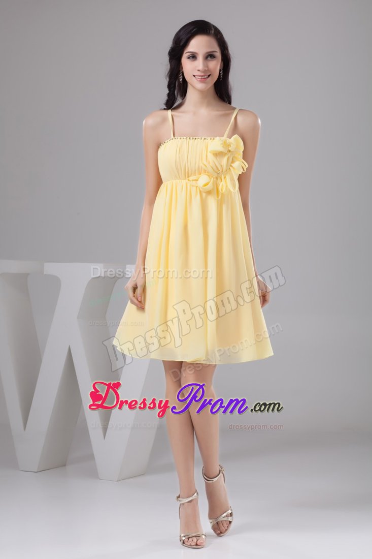 Ruched and Floral Prom Gown Dress in Light Yellow to Mini-length