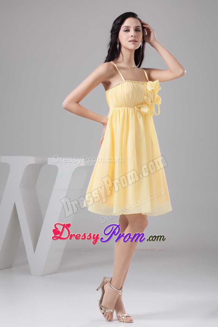 Ruched and Floral Prom Gown Dress in Light Yellow to Mini-length