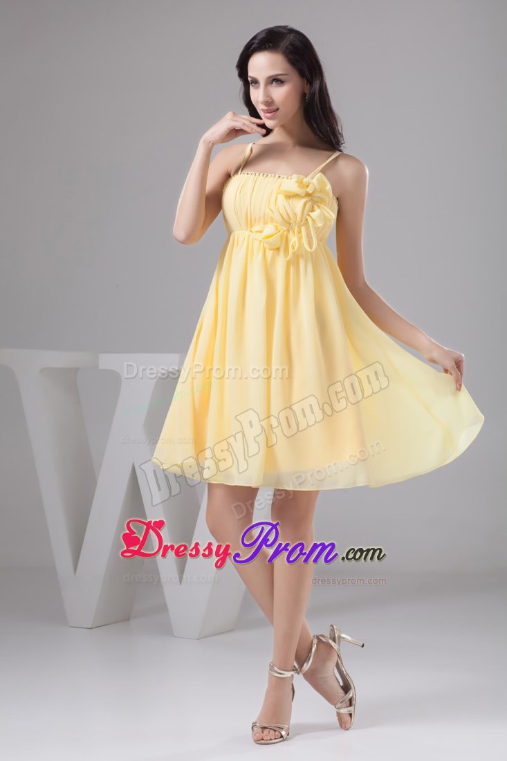 Ruched and Floral Prom Gown Dress in Light Yellow to Mini-length