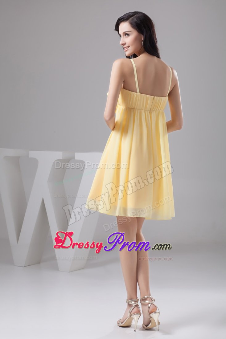 Ruched and Floral Prom Gown Dress in Light Yellow to Mini-length