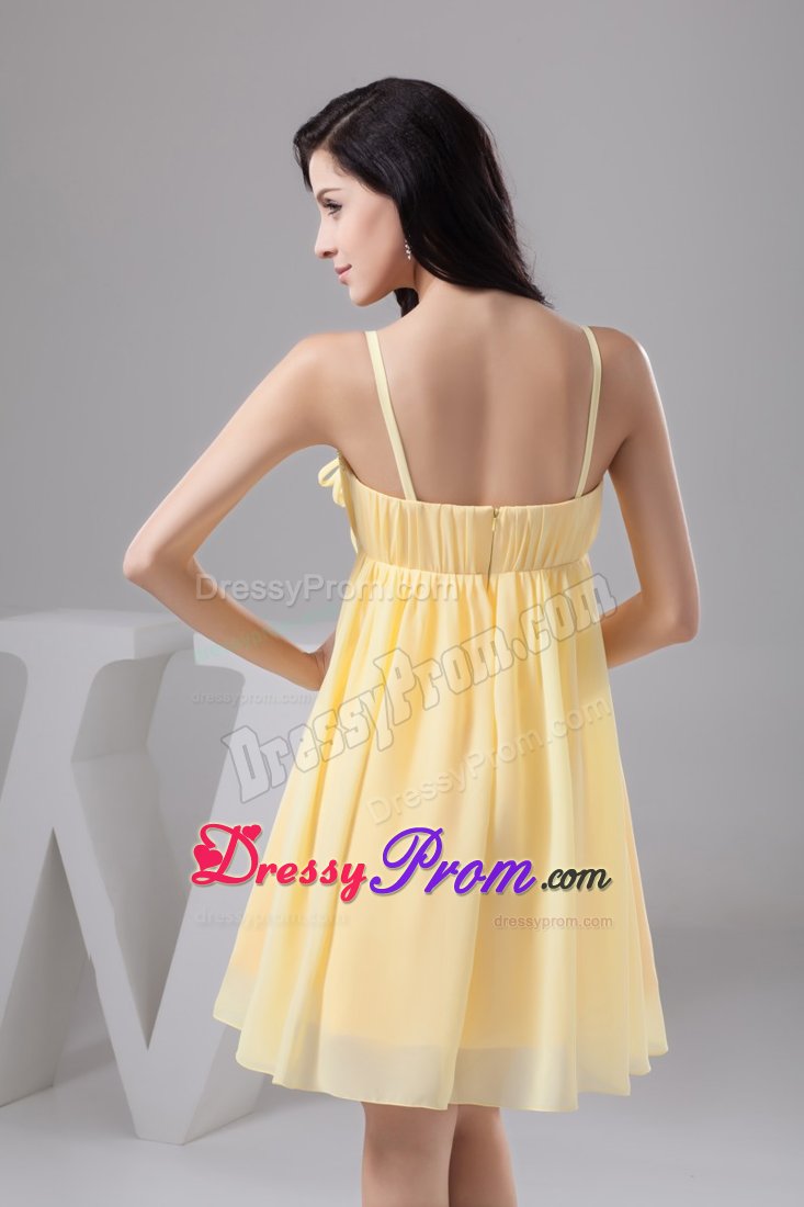 Ruched and Floral Prom Gown Dress in Light Yellow to Mini-length