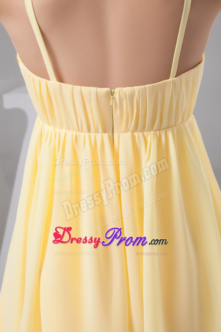 Ruched and Floral Prom Gown Dress in Light Yellow to Mini-length