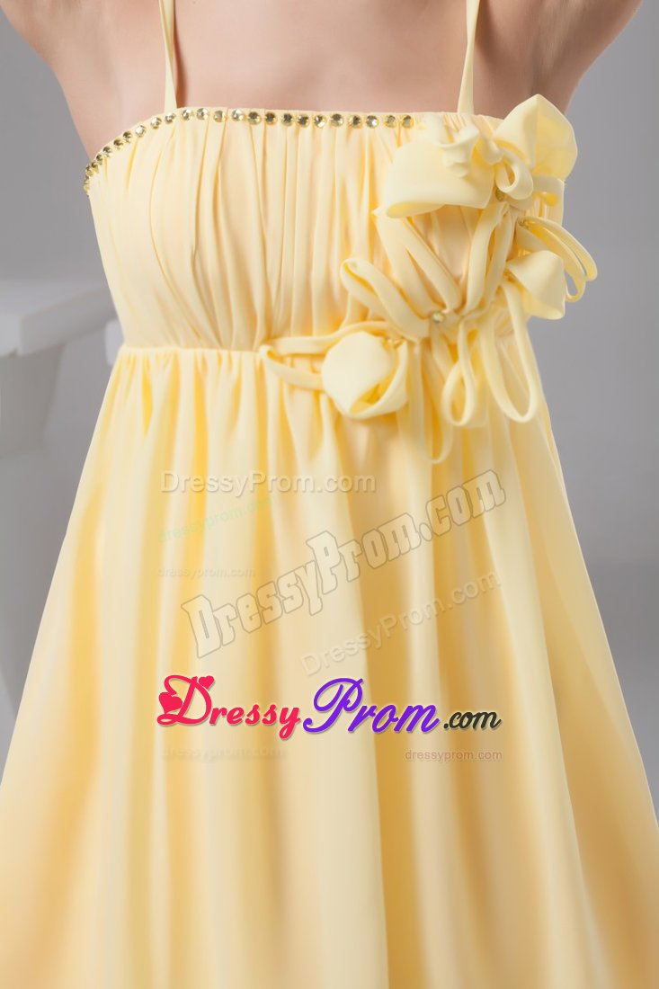 Ruched and Floral Prom Gown Dress in Light Yellow to Mini-length