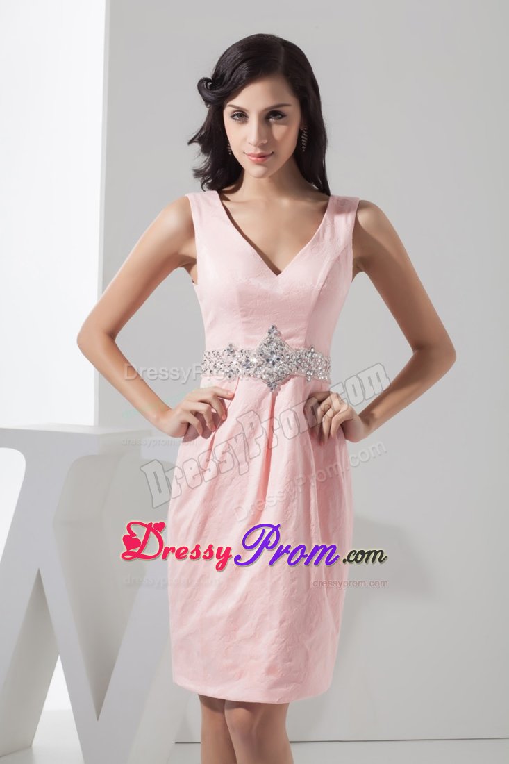 Beading Accent Waist Pink Prom Gown Dress with V-neck in New York