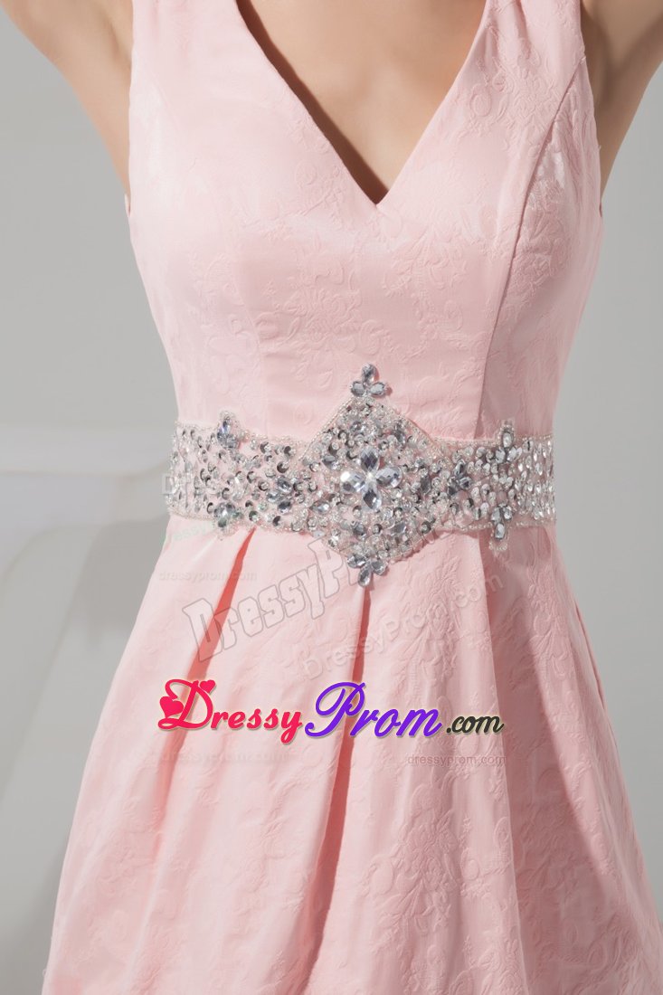 Beading Accent Waist Pink Prom Gown Dress with V-neck in New York