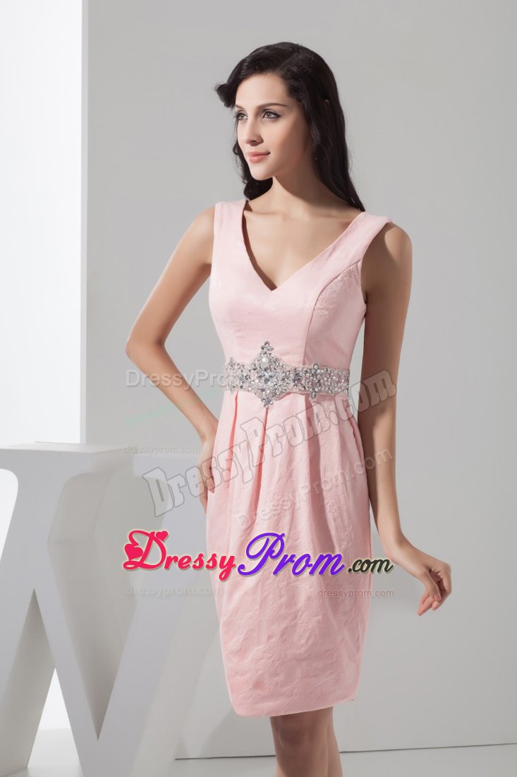 Beading Accent Waist Pink Prom Gown Dress with V-neck in New York
