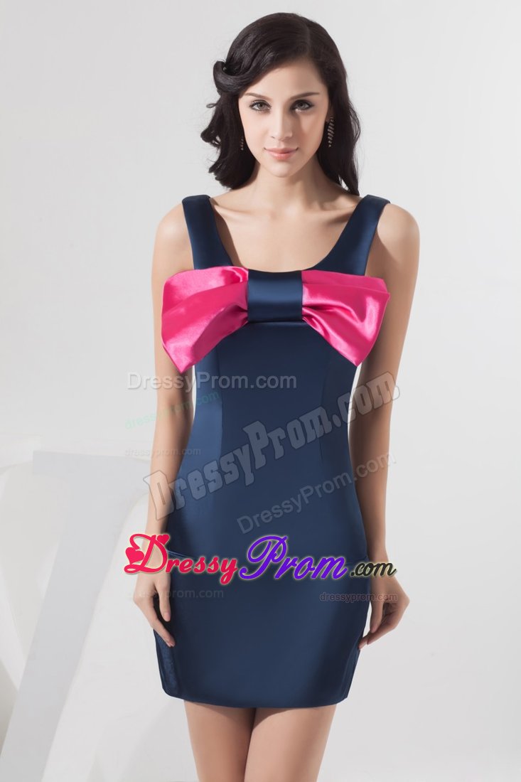 Scoop Neckline Navy Blue Prom Dress with Bowknot and Mini-length