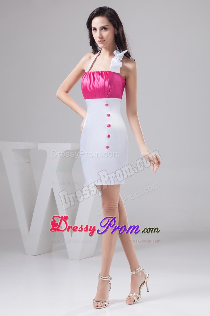 Clasp Handle Halter Top Ruched Prom Gown in Hot Pink and White